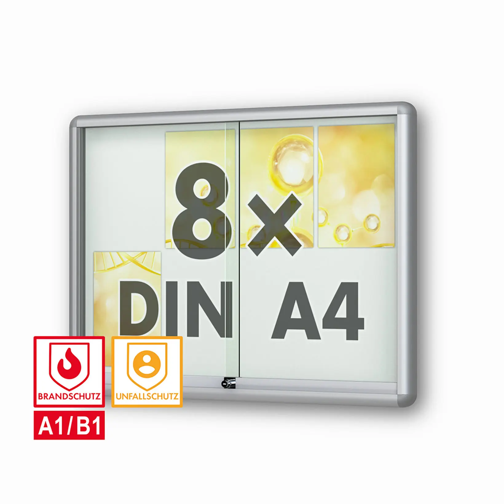 8 x DIN A4 Schaukasten Moveo - die Schulvitrine - mit Brandschutzklasse A1 - Rollengelagerte Schiebetueren abschliessbar ESG-Sicherheitsglas